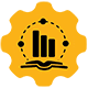 Icon of a bar graph over a book within a gear shaped orange background
