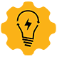 Icon of a lightbulb within a gear shaped orange background